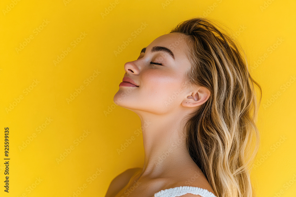 A close up of a woman's face with her eyes closed and long blond hair A close up of a woman's face with her eyes closed and long blond hair