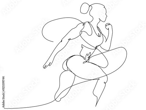 An athletic woman in a line drawing is seen sprinting swiftly, showcasing her stride and determination during a morning jog.