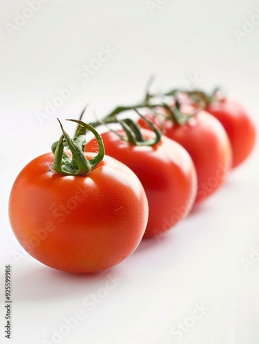 fresh tomatoes gleam with vibrant red hues, their smooth skin contrasting against the pure white background, offering a vivid burst of natural color and vitality.