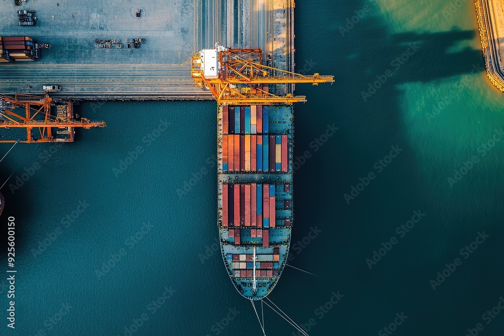 Container ship docked at a port with cranes unloading cargo Container ship docked at a port with cranes unloading cargo