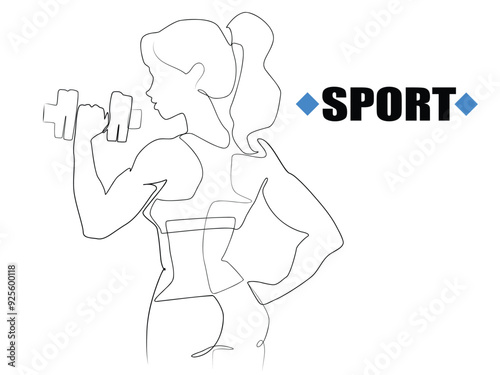A sportgirl confidently lifts a dumbbell while showcasing her toned physique in a fitness studio.