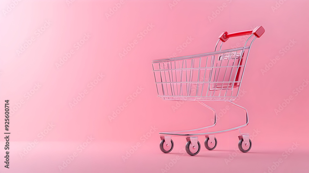 A shopping cart on a pink background, symbolizing retail and shopping. A shopping cart on a pink background, symbolizing retail and shopping.