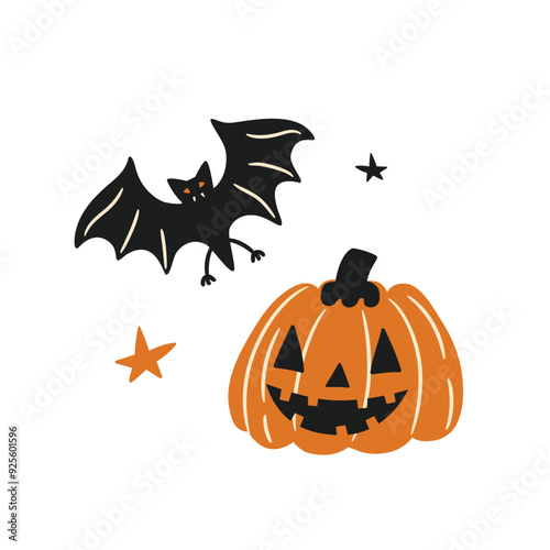 set of cartoon characters pumpkin with grissassa and bat for halloween celebration, flat style illustration