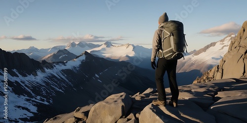 A climber on the top of mountain peak, mountains covered in snow