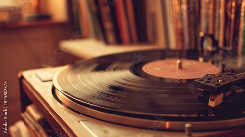 record player with a record on a table with records in the background