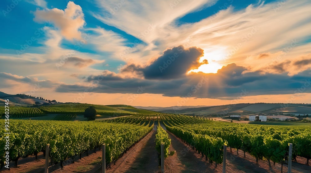 Fototapeta premium Large field agriculture, vast farm landscape view in the morning, farming, plants, food and industry