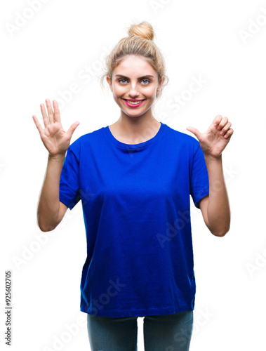 Young beautiful blonde and blue eyes woman wearing blue t-shirt over isolated background showing and pointing up with fingers number six while smiling confident and happy.