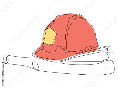 A firefighters helmet is depicted on top of a fire truck, showcasing essential gear at a fire station.