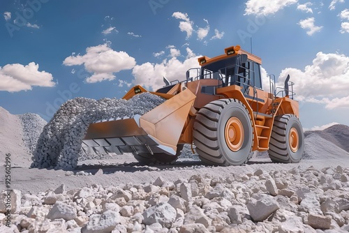 Yellow excavator digs earth with massive shovel on construction siteYellow excavator digs earth with massive shovel on construction site photo