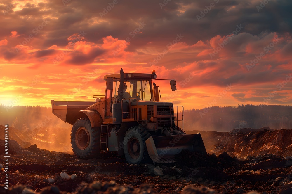 Yellow excavator digs earth beside powerful bulldozer shaping terrain Yellow excavator digs earth beside powerful bulldozer shaping terrain