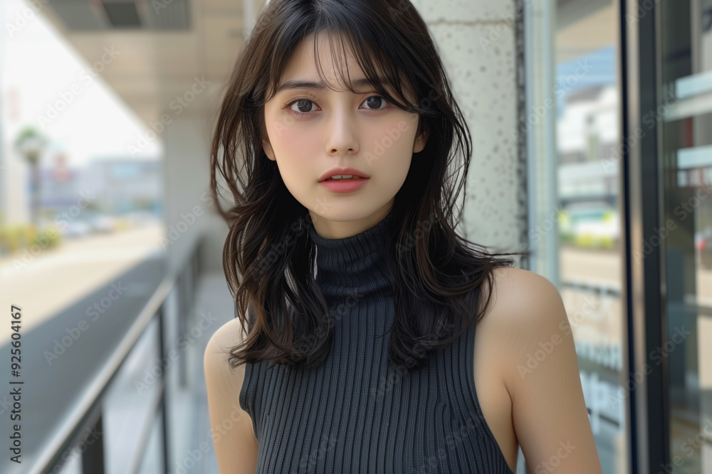 チャコールグレーのノースリーブのタートルネックのニットを着ている女性