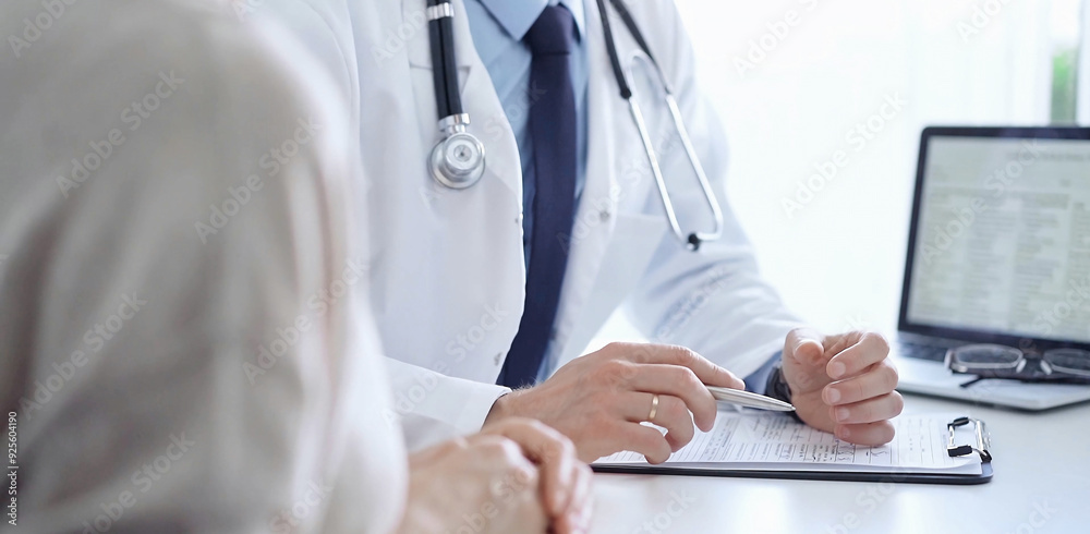 Doctor and a patient. The physician, wearing a white medical coat over a blue shirt and tie, gesturing with his hands during a consultation in the clinic. Medicine concept Doctor and a patient. The physician, wearing a white medical coat over a blue shirt and tie, gesturing with his hands during a consultation in the clinic. Medicine concept