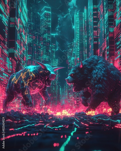 A digital artwork depicting a fierce battle between a bull and a bear in a neon-lit urban setting. photo