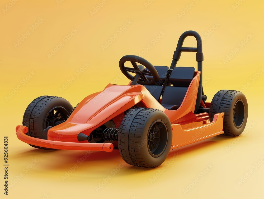 Ready to Race: A sleek, orange go-kart sits poised on a vibrant yellow background, its tires ready to grip the track. Ready to Race: A sleek, orange go-kart sits poised on a vibrant yellow background, its tires ready to grip the track.