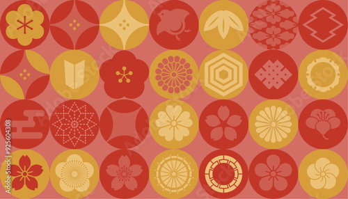 和のアイコンセット（背景・壁紙）丸型・金色と赤色