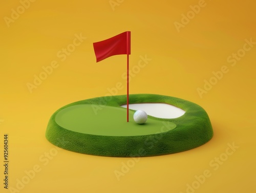 Miniature Golf Green: A close-up of a miniature golf green, showcasing a lone golf ball perched near the hole with a red flag waving in the breeze