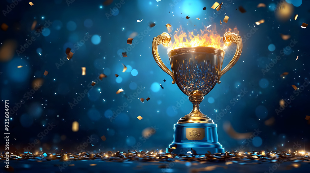 A trophy engulfed in flames, surrounded by confetti and sparkles. A trophy engulfed in flames, surrounded by confetti and sparkles.