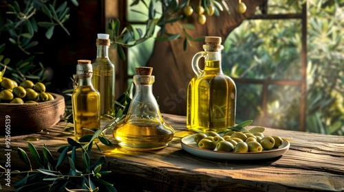 An elegant display of olive oil in various glass bottles showcases the beauty of natural ingredients. Perfect for cooking, dressing, or drizzling. Ideal for healthy lifestyles. AI