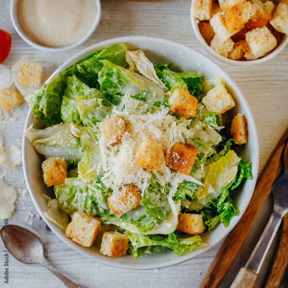 A Caesar salad features crisp romaine lettuce, creamy tangy dressing, crunchy croutons, and fresh Parmesan cheese, creating a deliciously rich and savory dish. A Caesar salad features crisp romaine lettuce, creamy tangy dressing, crunchy croutons, and fresh Parmesan cheese, creating a deliciously rich and savory dish.
