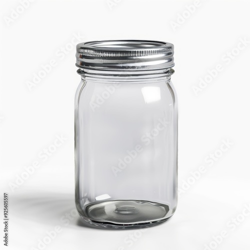 Empty Glass Mason Jar with Silver Lid, isolated on white background
