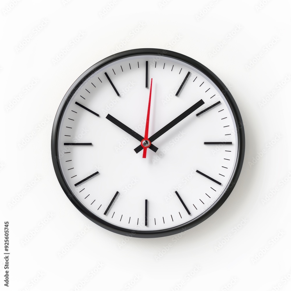 Time on Hold: A minimalist black and white clock hangs suspended, its red second hand a stark reminder of time's relentless march Time on Hold: A minimalist black and white clock hangs suspended, its red second hand a stark reminder of time's relentless march