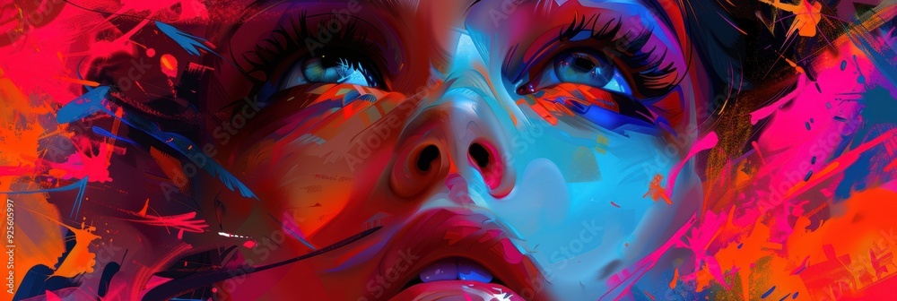 Fototapeta premium A Burst of Color: A woman's face emerges from a vibrant, abstract swirl of color, her expression suggestive of passion, mystery, and a touch of rebellion