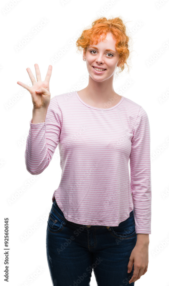 Young redhead woman showing and pointing up with fingers number four while smiling confident and happy. Young redhead woman showing and pointing up with fingers number four while smiling confident and happy.