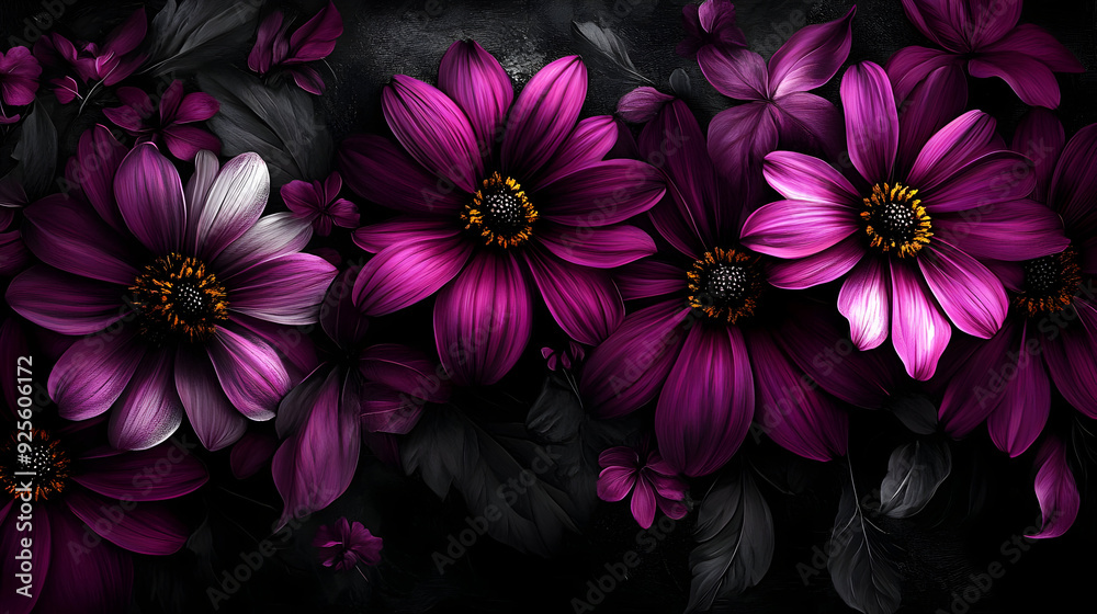 A vibrant arrangement of purple flowers on a dark background. A vibrant arrangement of purple flowers on a dark background.