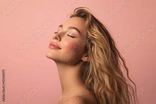 A close up of a woman's face with her eyes closed and long blond hair