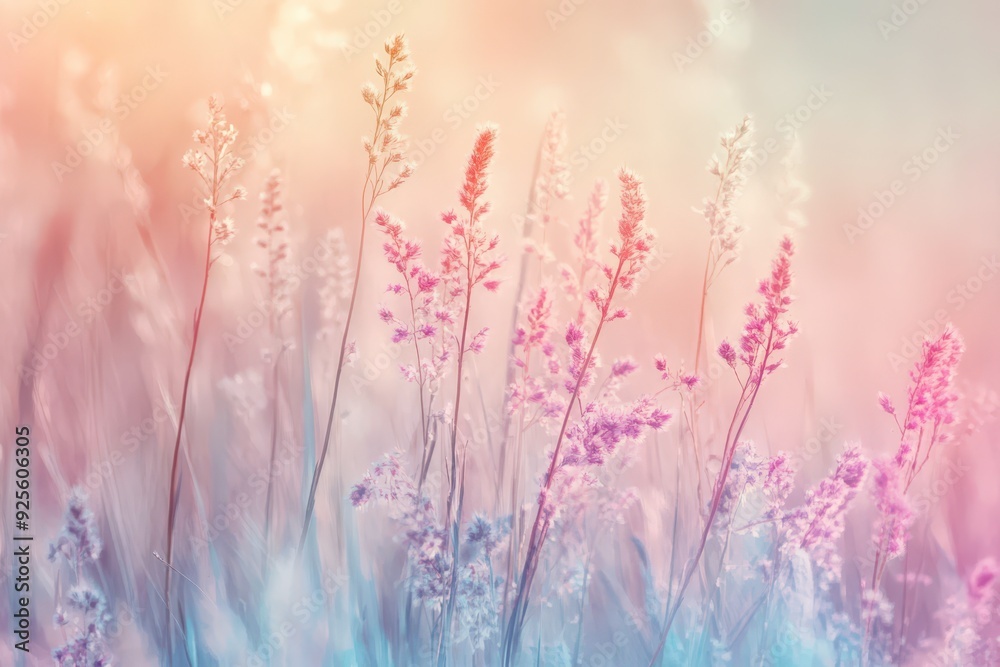 Soft pastel wildflowers swaying gently in a warm sunset glow Soft pastel wildflowers swaying gently in a warm sunset glow