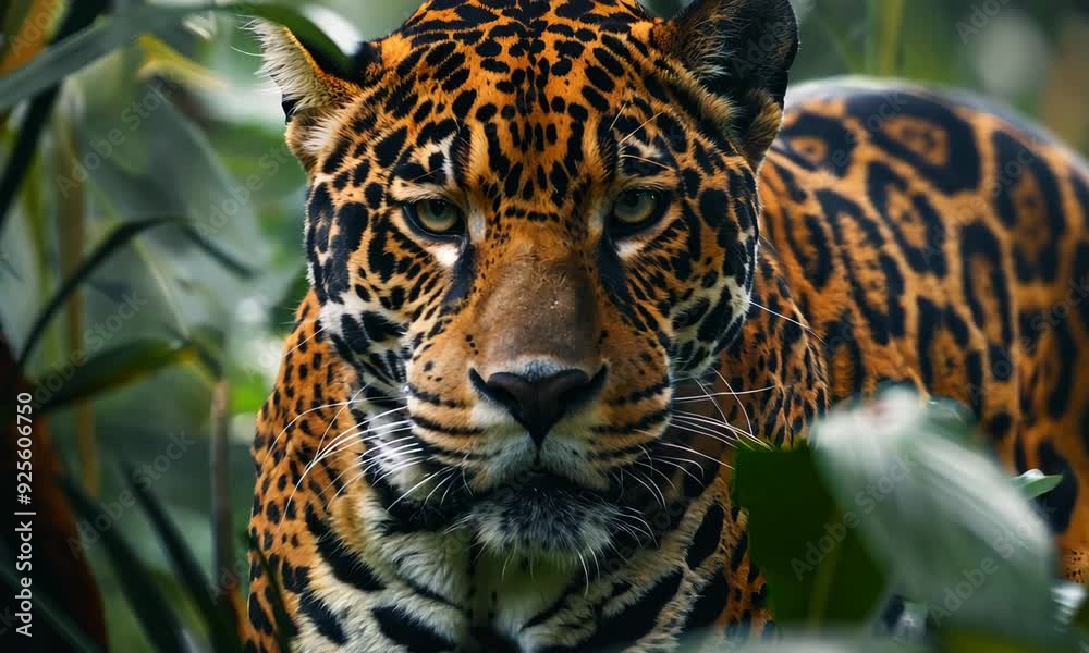 Elegant jaguar stalking quietly through a dense jungle in the early morning light Elegant jaguar stalking quietly through a dense jungle in the early morning light