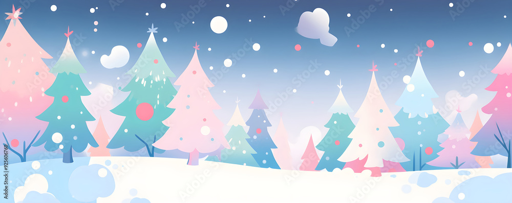 Christmas forest snowy landscape with pines, firs. Panoramic flat banner of winter nature wilderness forestry with copy space. Poster for kids room. Childrens book illustration with evergreen woodland