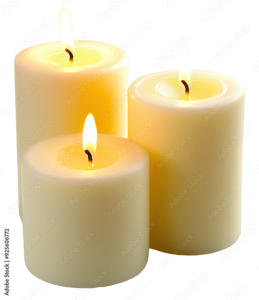 Three lit candles on a soft surface at night, cut out - stock png.