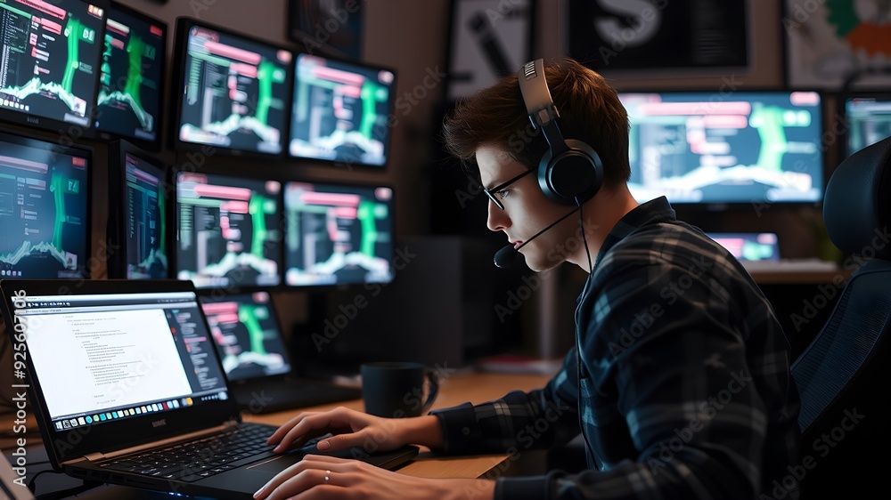 Man with glasses using laptop in a room with many monitors
