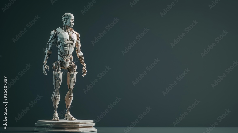 The Future Is Now: A weathered android stands poised on a pedestal, gazing towards the unknown - a powerful image of artificial intelligence and the future of humanity, copy space for text