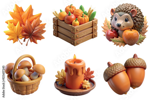 Collection of autumn elements including maple leaves, basket with mushrooms, acorns, hedgehog character, autumn harvest. Autumn concept design