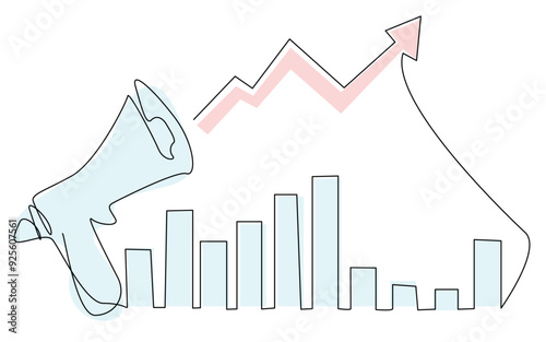 A megaphone is positioned next to a graph with upward trends, symbolizing business growth and market success.