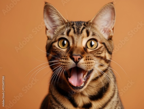 Close-up Portrait of a Tabby Cat with Open Mouth and Tongue Out