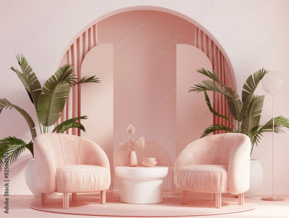 Serene Pink Oasis: A minimalist haven with plush pink armchairs, bathed in soft light, invites relaxation and tranquility. Serene Pink Oasis: A minimalist haven with plush pink armchairs, bathed in soft light, invites relaxation and tranquility.