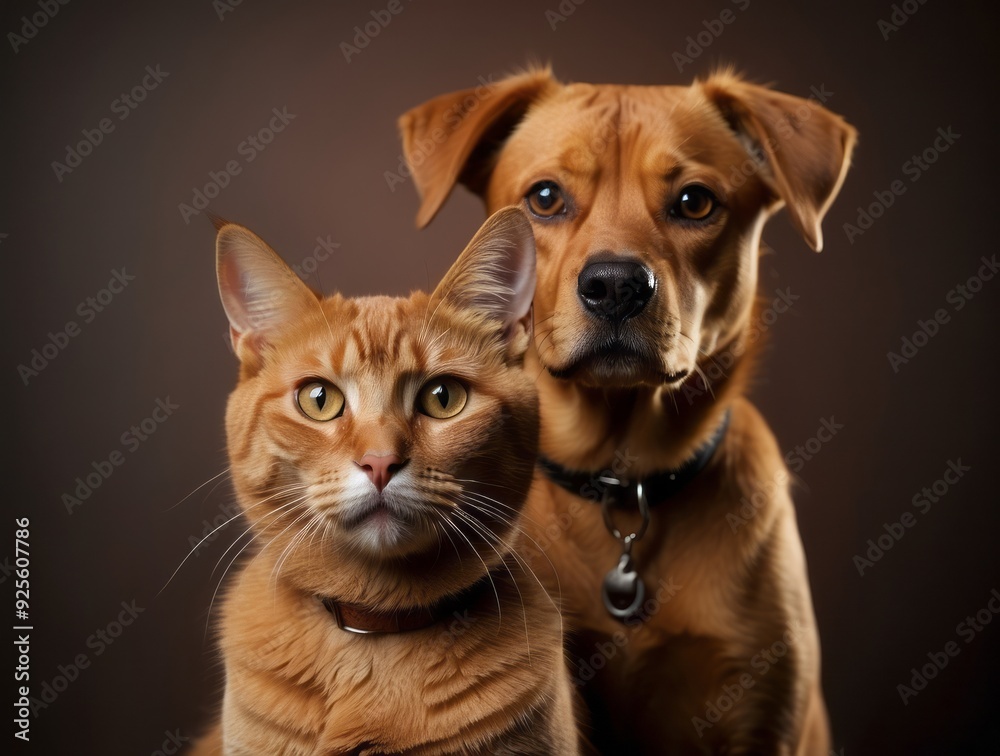 A Ginger Cat and a Brown Dog Looking Directly at the Camera A Ginger Cat and a Brown Dog Looking Directly at the Camera