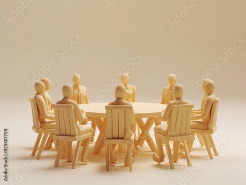 The Round Table: A minimalist depiction of a meeting, featuring eleven figures seated at a round table, rendered in a uniform beige hue. 