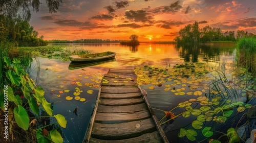 Wallpaper Mural Sunset Serenity: A Wooden Dock and Boat on a Still Lake Torontodigital.ca