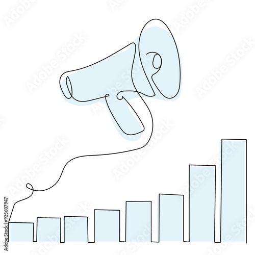 A line art depiction of a megaphone positioned over an ascending bar graph, illustrating the concept of amplifying messages and growth.