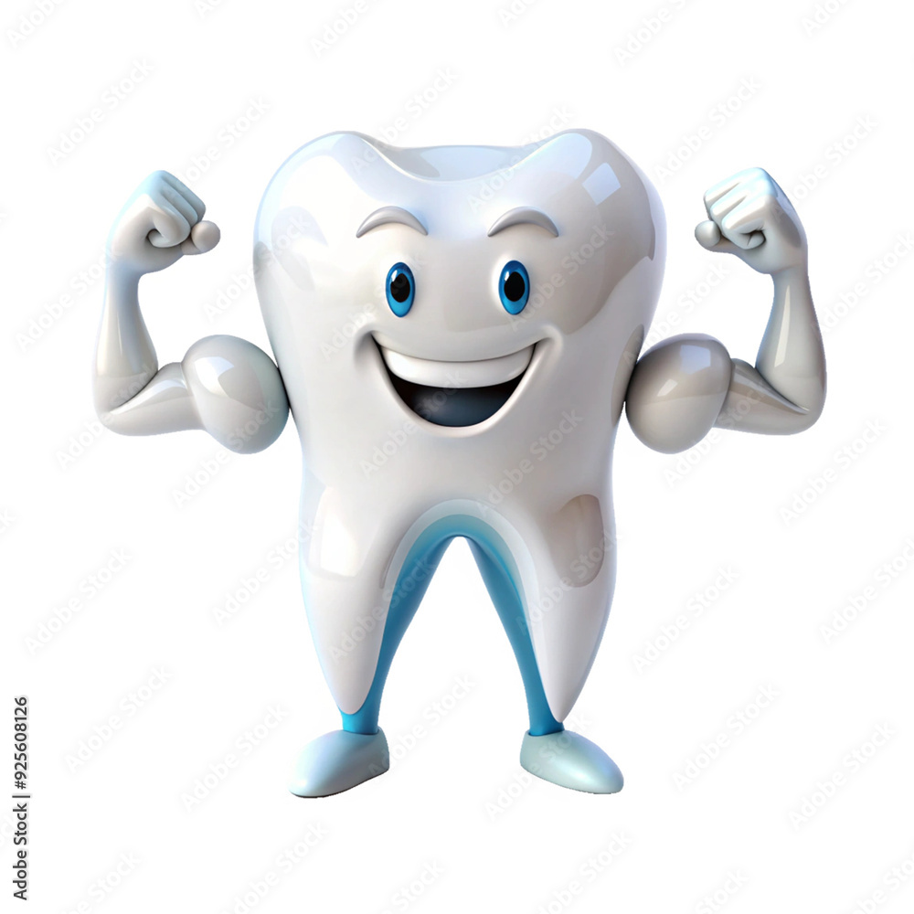 Strong and happy teeth character showing muscles, teeth and 3D transparent background Generative AI