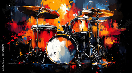 A vibrant drum set with colorful splashes in the background.