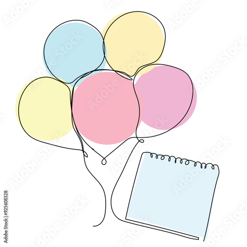 A cluster of pastel balloons hovers next to a blank notepad, representing themes of joy and inspiration.
