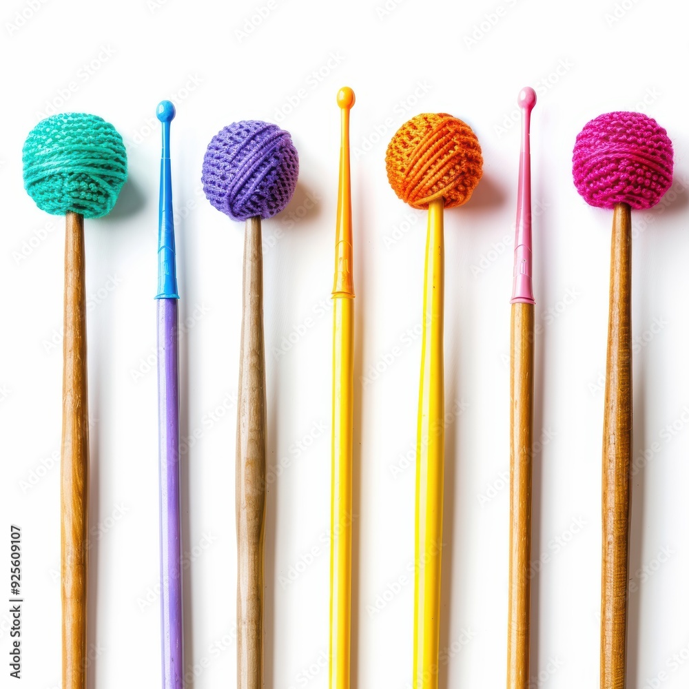 Colorful Crafts: A vibrant array of yarn-topped crafting sticks stand at attention, ready to bring creative projects to life. Colorful Crafts: A vibrant array of yarn-topped crafting sticks stand at attention, ready to bring creative projects to life.