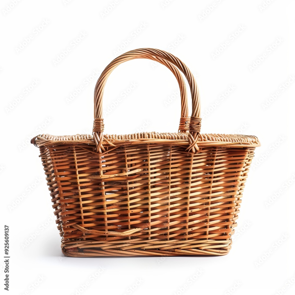 Rustic Charm: A traditional handwoven wicker basket, ideal for picnics, markets, or home storage, isolated on white background Rustic Charm: A traditional handwoven wicker basket, ideal for picnics, markets, or home storage, isolated on white background