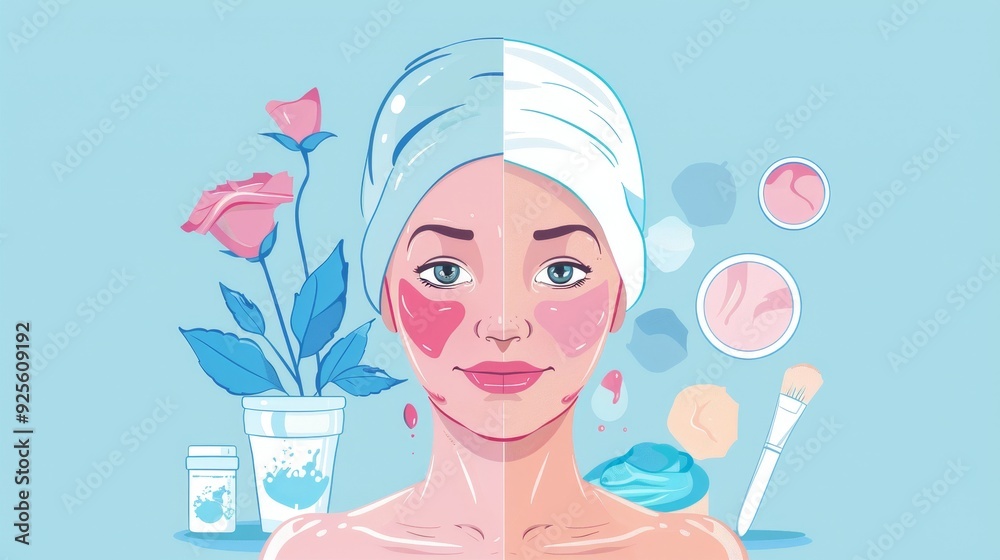 Illustration of skincare routine with a woman wearing a towel headwrap, showcasing skincare products and beauty tools on a blue background. Illustration of skincare routine with a woman wearing a towel headwrap, showcasing skincare products and beauty tools on a blue background.