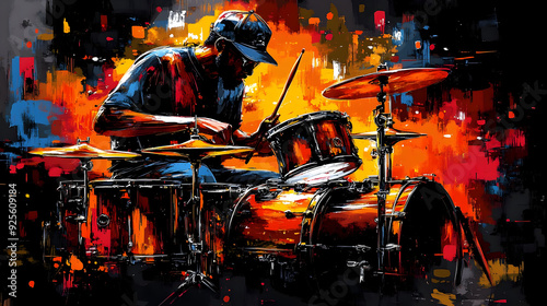 A vibrant illustration of a drummer performing passionately.